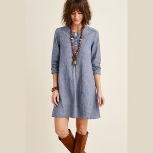 TAHARI 100 LINEN Blue Linen Tunic Dress, Henley 4 Button Placket, Pockets, XS